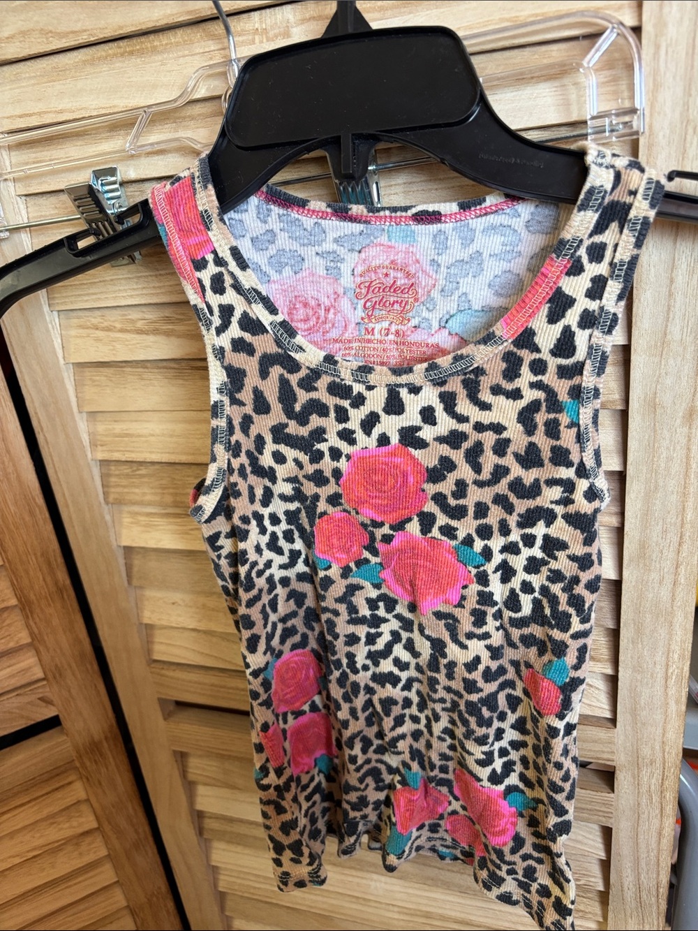 Faded Glory Girls Pink Floral on Tan Leopard Ribbed Tank Top Medium